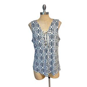 White House Black Market Women's Tank Top Criss Cross Tie Front Blue White Large